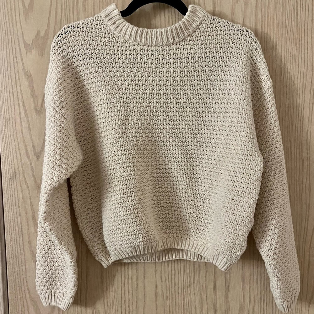 Cream Slouchy Cropped Knit/Crochet Sweater